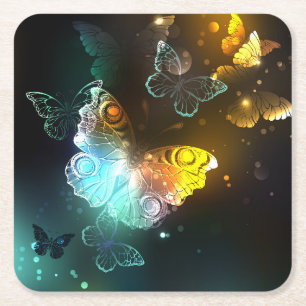 Luminous Butterfly and Night butterflies Square Paper Coaster