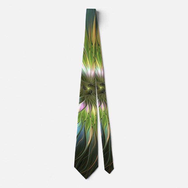 Luminous Colorful Fantasy Flower Fractal Art Tie (Front)