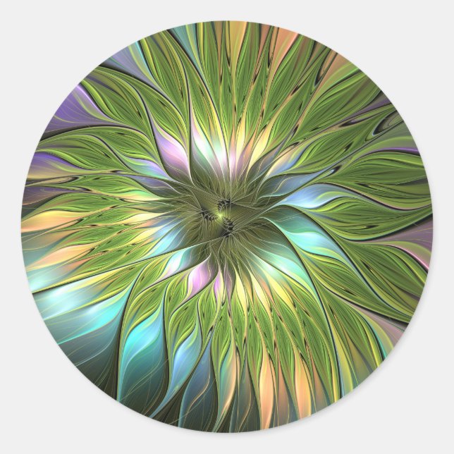 Luminous Colourful Fantasy Flower Fractal Art Classic Round Sticker (Front)