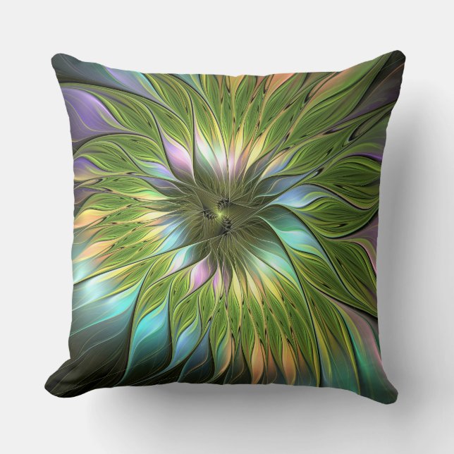 Luminous Colourful Fantasy Flower Fractal Art Cushion (Front)