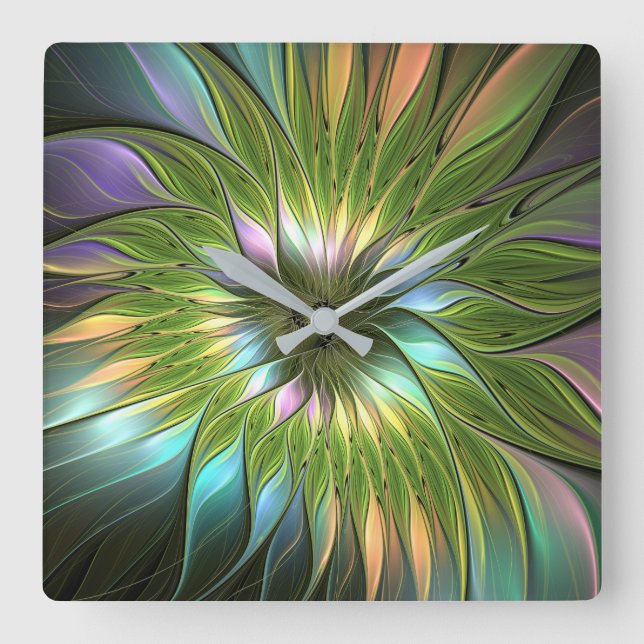 Luminous Colourful Fantasy Flower Fractal Art Square Wall Clock (Front)
