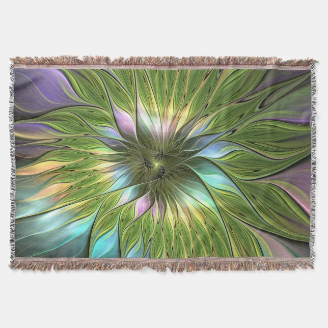 Luminous Colourful Fantasy Flower Fractal Art Throw Blanket (Front)