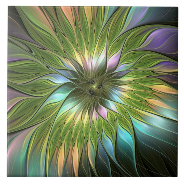Luminous Colourful Fantasy Flower Fractal Art Tile (Front)