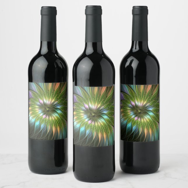 Luminous Colourful Fantasy Flower Fractal Art Wine Label (Bottles)