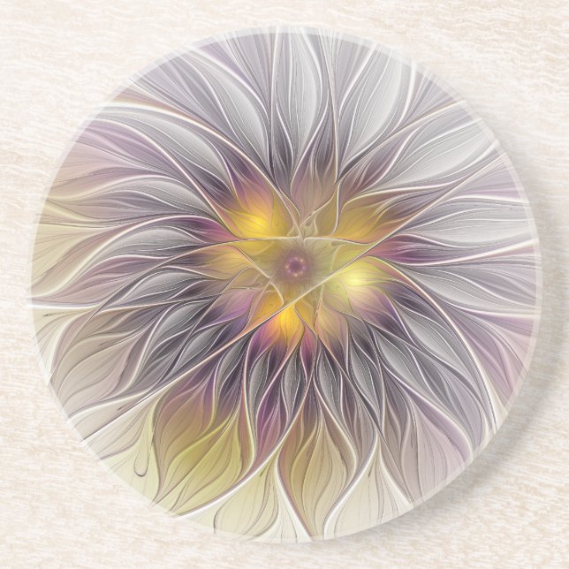 Luminous Colourful Flower, Abstract Modern Fractal Coaster (Front)