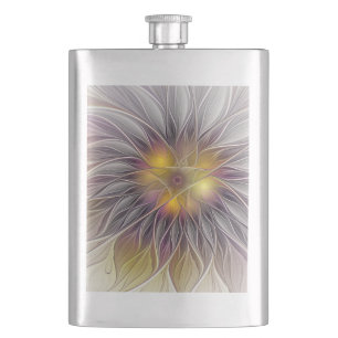 Luminous Colourful Flower, Abstract Modern Fractal Hip Flask