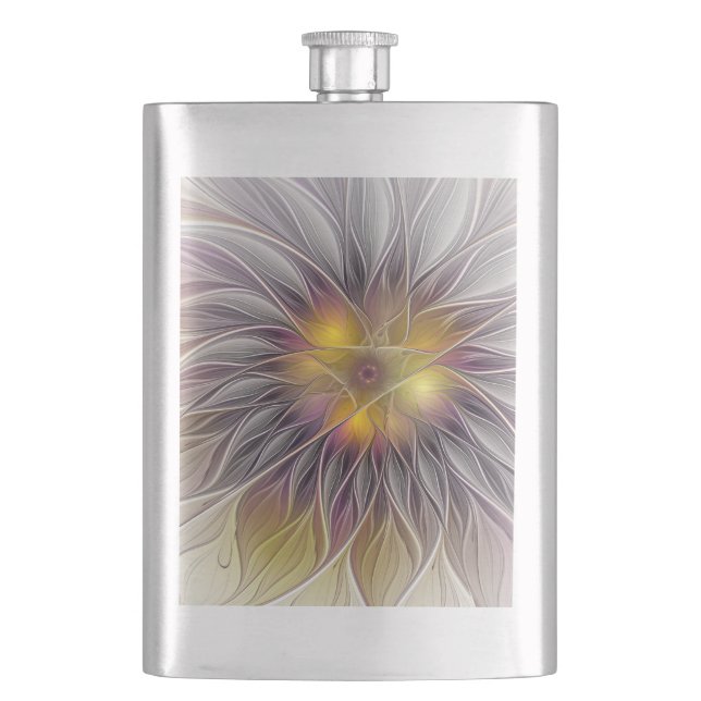 Luminous Colourful Flower, Abstract Modern Fractal Hip Flask (Front)