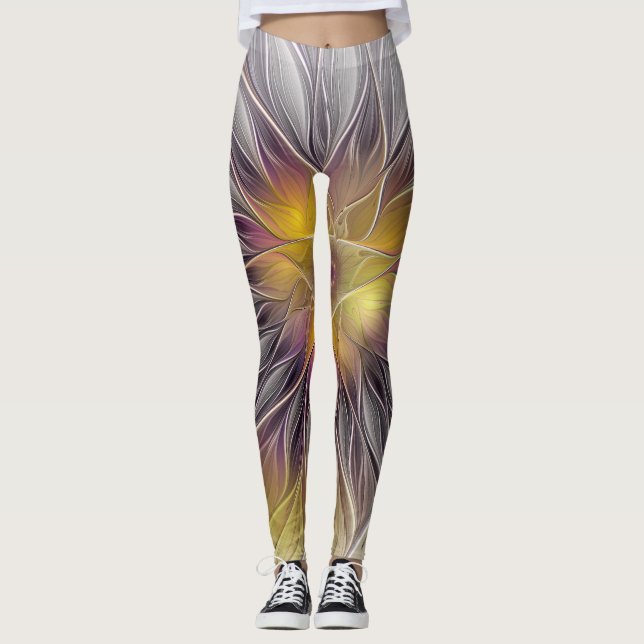 Luminous Colourful Flower, Abstract Modern Fractal Leggings (Front)