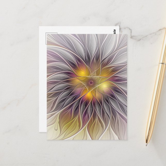 Luminous Colourful Flower, Abstract Modern Fractal Postcard (Front/Back In Situ)