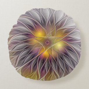 Luminous Colourful Flower, Abstract Modern Fractal Round Cushion