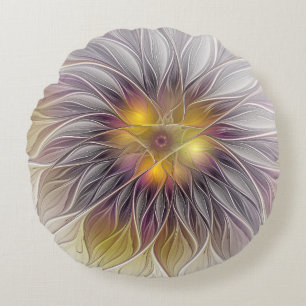 Luminous Colourful Flower, Abstract Modern Fractal Round Cushion