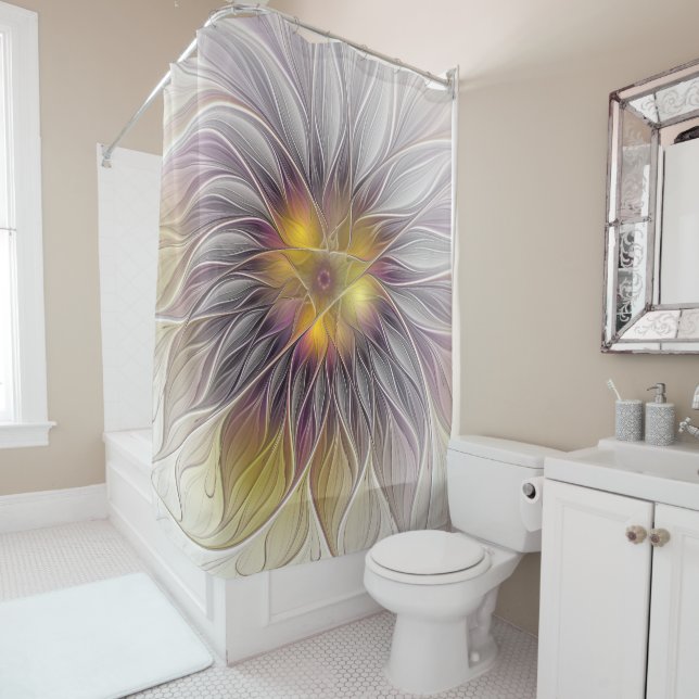 Luminous Colourful Flower, Abstract Modern Fractal Shower Curtain (In Situ)