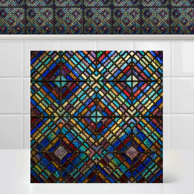 Luminous Diamond Matrix Cathedral Stained Glass Tile (Antique Classical Luminous Diamond Matrix Cathedral Stained Glass Ceramic Tile)
