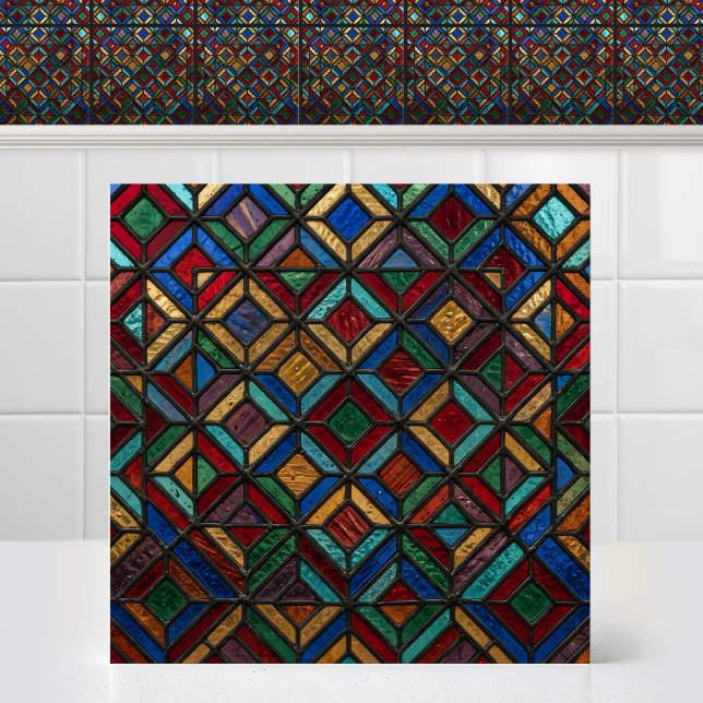 Luminous Diamond Pattern Matrix Cathedral Glass Tile (Antique Colorful Geometric Luminous Diamond Pattern Matrix Cathedral Glass Ceramic Tile)