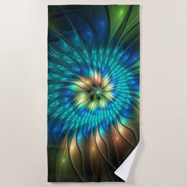 Luminous Fantasy Flower, Colourful Abstract Fracta Beach Towel (Front)