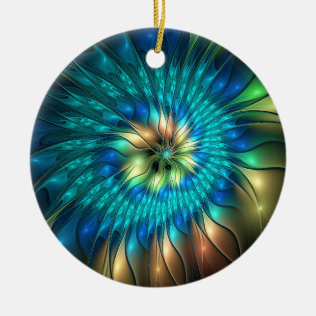 Luminous Fantasy Flower, Colourful Abstract Fracta Ceramic Tree Decoration (Front)