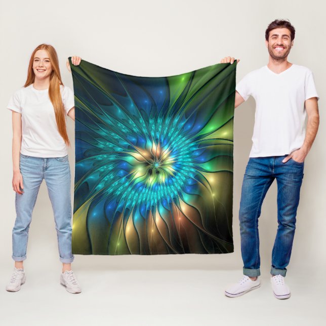 Luminous Fantasy Flower, Colourful Abstract Fracta Fleece Blanket (In Situ)