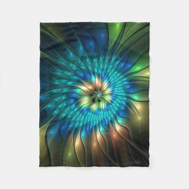 Luminous Fantasy Flower, Colourful Abstract Fracta Fleece Blanket (Front)