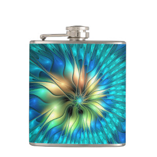 Luminous Fantasy Flower, Colourful Abstract Fracta Hip Flask