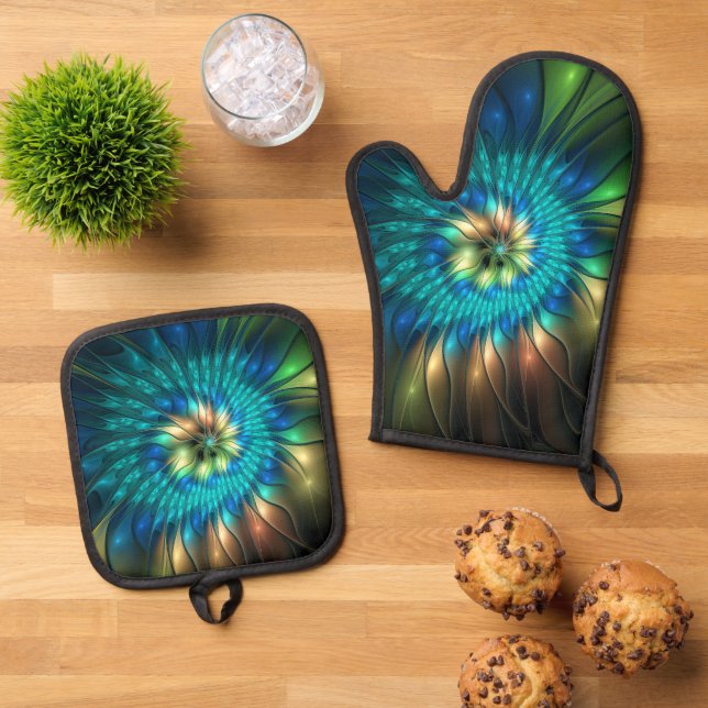 Luminous Fantasy Flower, Colourful Abstract Fracta Oven Mitt & Pot Holder Set (Top Down)