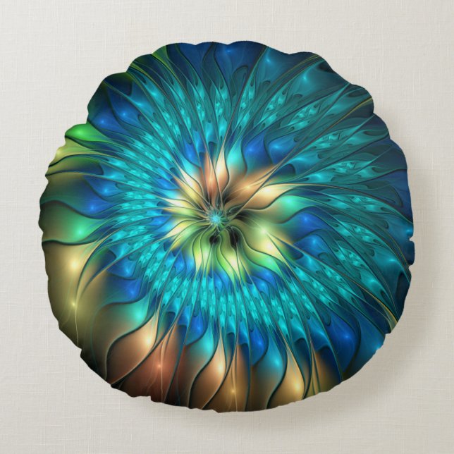 Luminous Fantasy Flower, Colourful Abstract Fracta Round Cushion (Front)