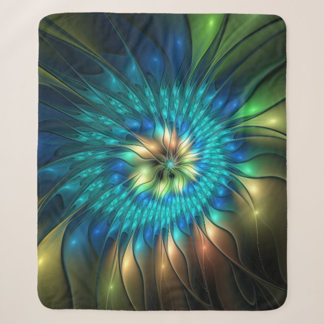 Luminous Fantasy Flower, Colourful Abstract Fracta Sherpa Blanket (Front)