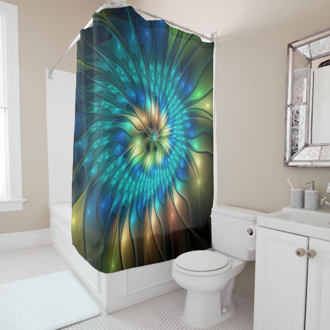 Luminous Fantasy Flower, Colourful Abstract Fracta Shower Curtain (In Situ)