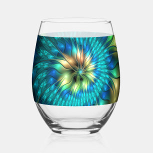 Luminous Fantasy Flower, Colourful Abstract Fracta Stemless Wine Glass