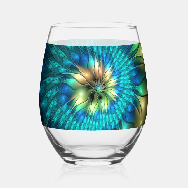 Luminous Fantasy Flower, Colourful Abstract Fracta Stemless Wine Glass (Front)