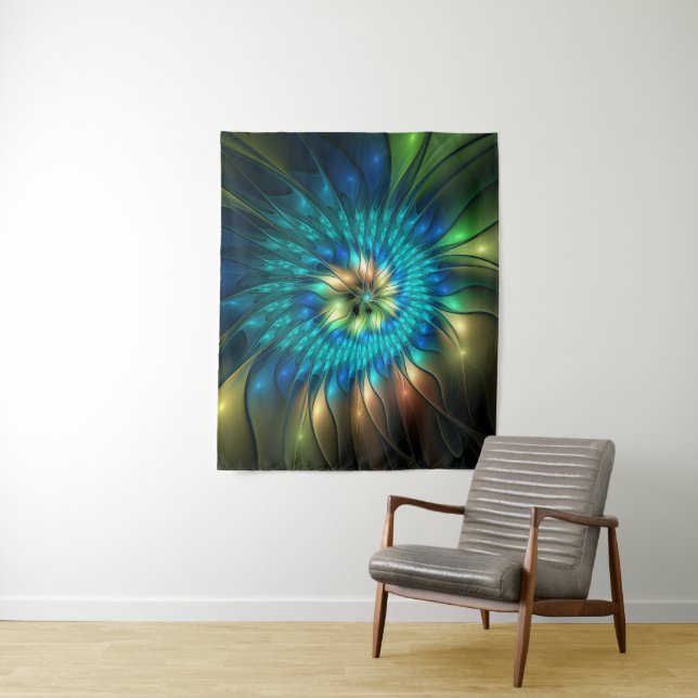 Luminous Fantasy Flower, Colourful Abstract Fracta Tapestry (In Situ)