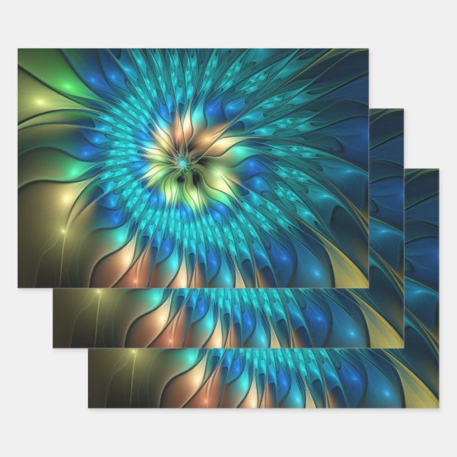 Luminous Fantasy Flower, Colourful Abstract Fracta Wrapping Paper Sheet (Set)