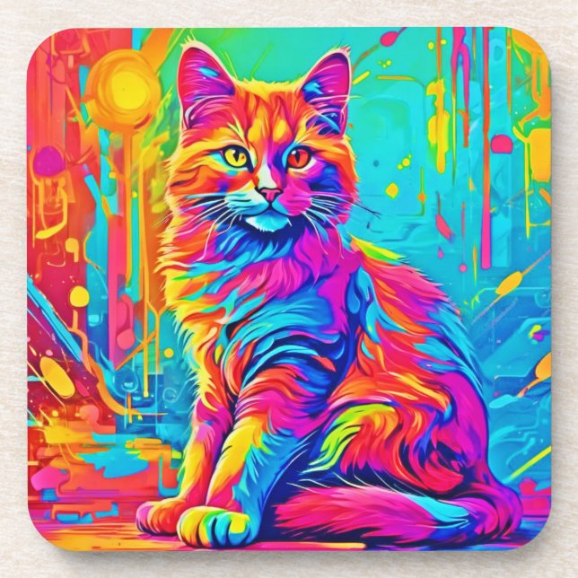 Luminous Feline: Colourful Neon Cat Coaster (Front)