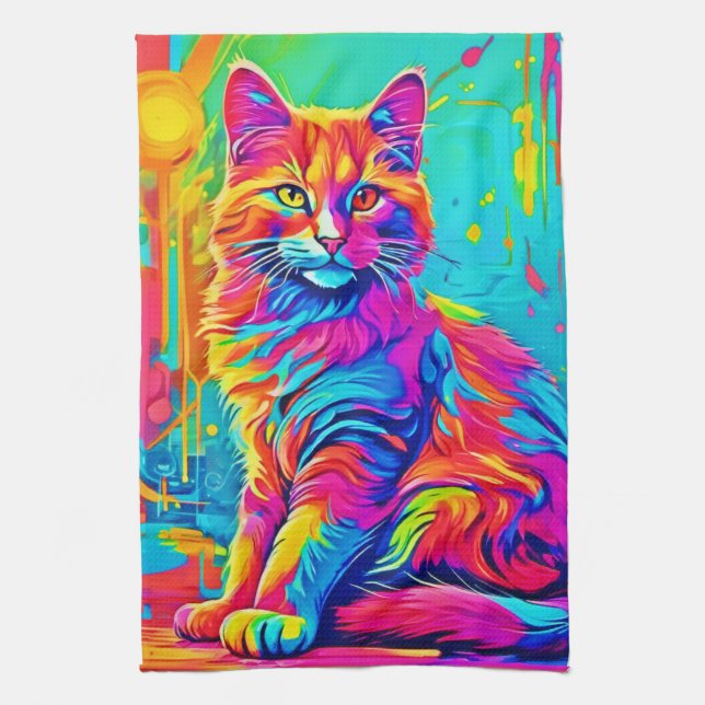Luminous Feline: Colourful Neon Cat Tea Towel (Vertical)
