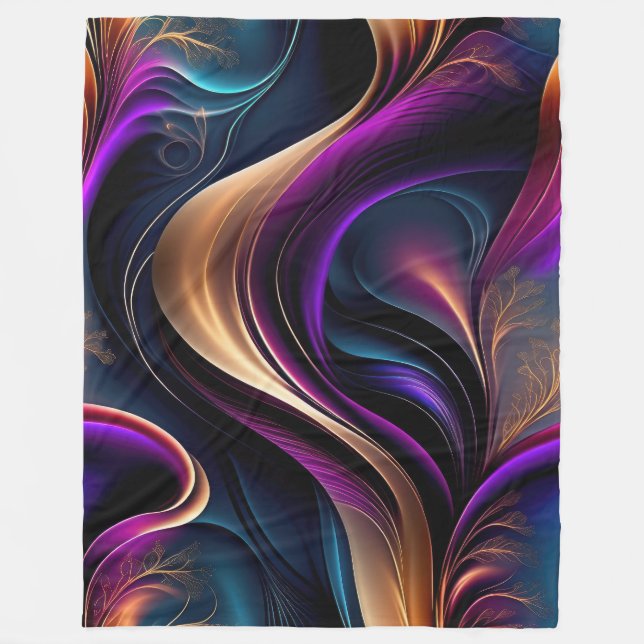 Luminous Flow - Bold Purple, Teal & Gold Abstract Fleece Blanket (Front)