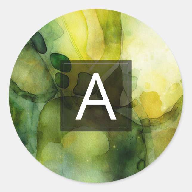 Luminous Flow | Green Abstract Watercolor  Classic Round Sticker (Front)