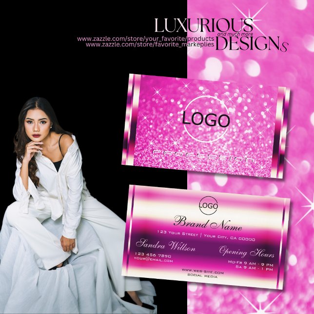 Luminous Girly Pink Glitter Glamour Stars and Logo Business Card (Creator Uploaded)