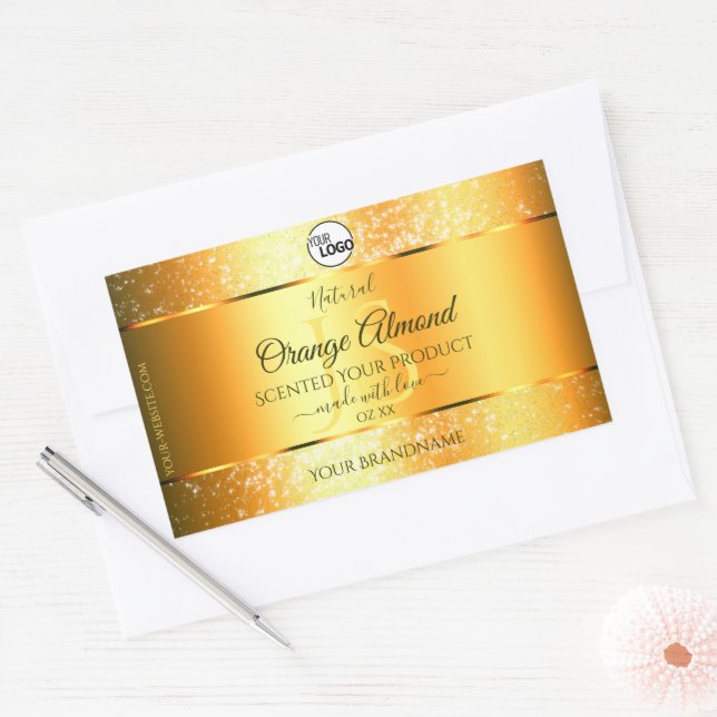 Luminous Gold Orange Sparkly Glitter Initials Logo Rectangular Sticker (Envelope)