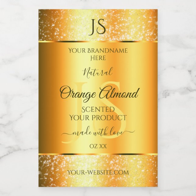 Luminous Gold Orange Sparkly Glitter with Initials Food Label (Single Label)