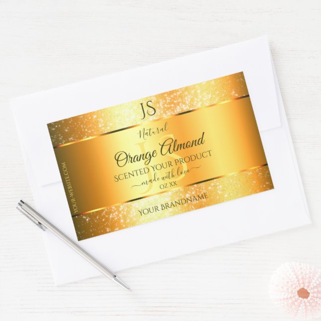Luminous Gold Orange Sparkly Glitter with Initials Rectangular Sticker (Envelope)