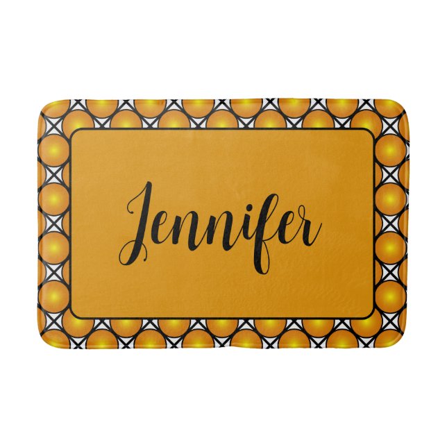 Luminous Golden Dots Black White Pattern Name Bath Mat (Front)