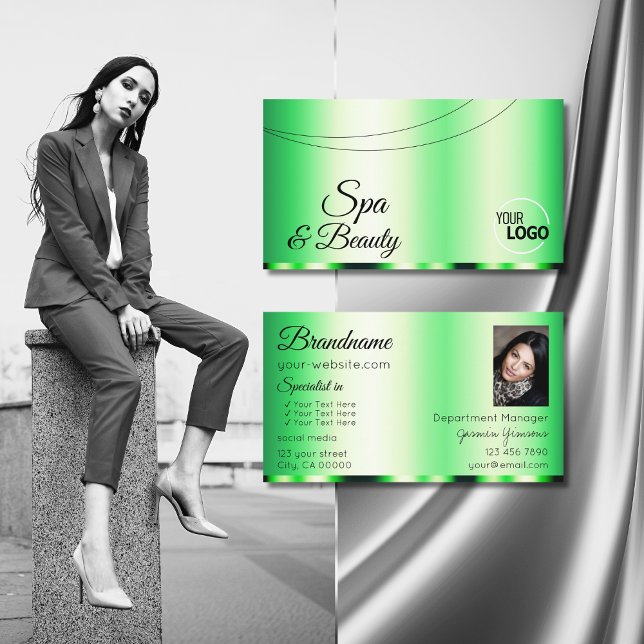 Luminous Green Glamourous with Logo and Photo Business Card (Creator Uploaded)