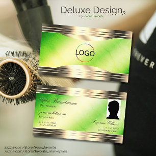 Luminous Green Marble Gold Border Logo and Photo Business Card
