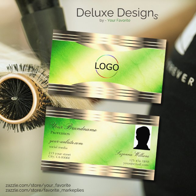 Luminous Green Marble Gold Border Logo and Photo Business Card (Creator Uploaded)