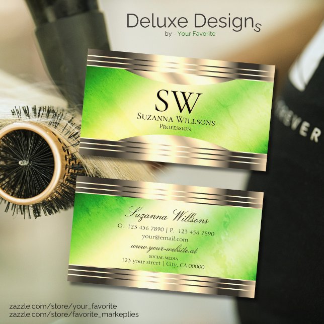 Luminous Green Marble Gold Borders with Monogram Business Card (Creator Uploaded)