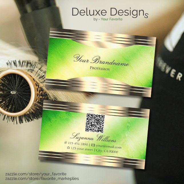 Luminous Green Marble Gold Borders with QR Code Business Card (Creator Uploaded)