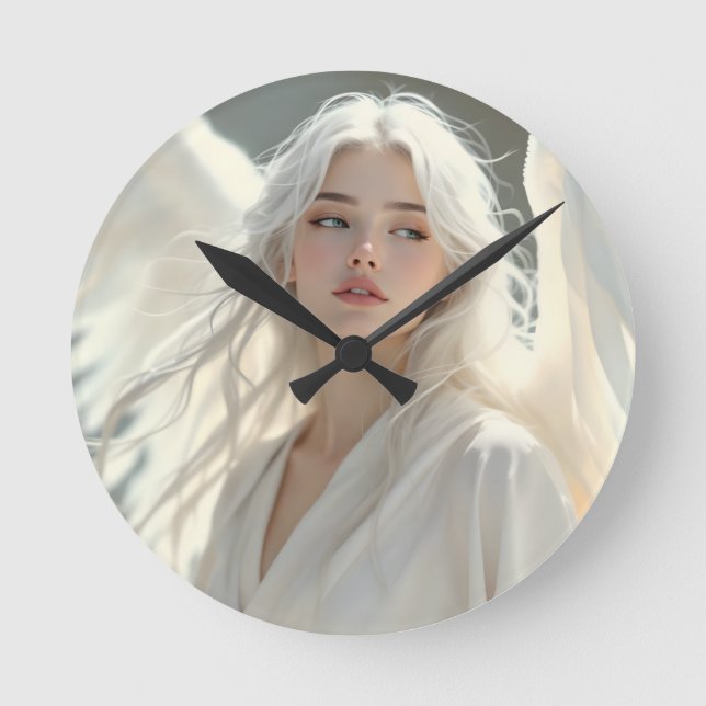Luminous Guardian – Angel of Silver Dawn Round Clock (Front)