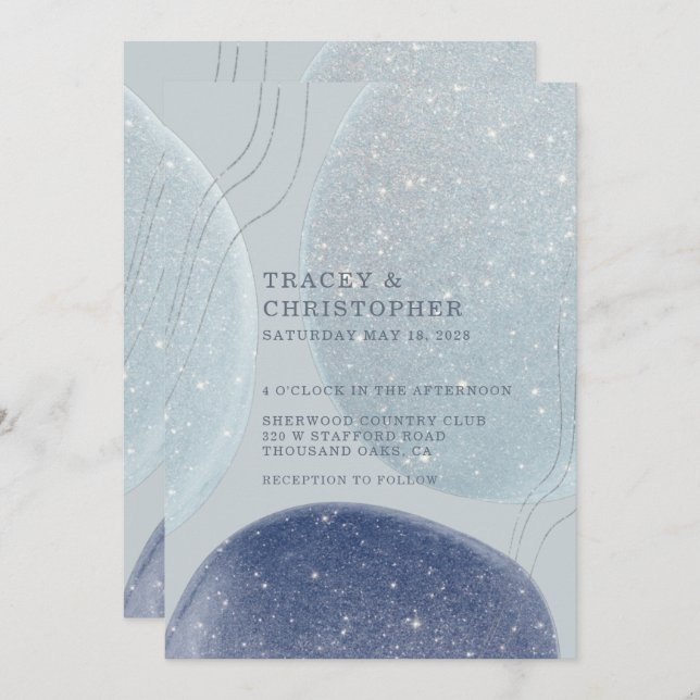 Luminous Ice Blue Silver & Navy Modern Wedding Invitation (Front/Back)