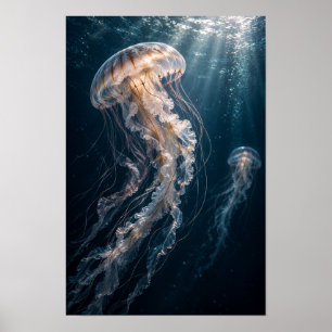 Luminous Jellyfish Drifting Through Deep Blue Ocea Poster
