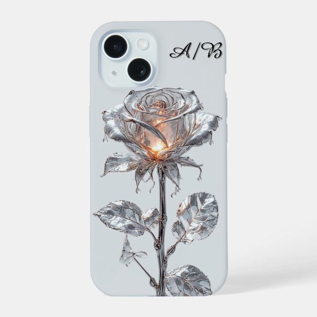 Luminous Metallic Silver Rose iPhone 15 Case (Back)