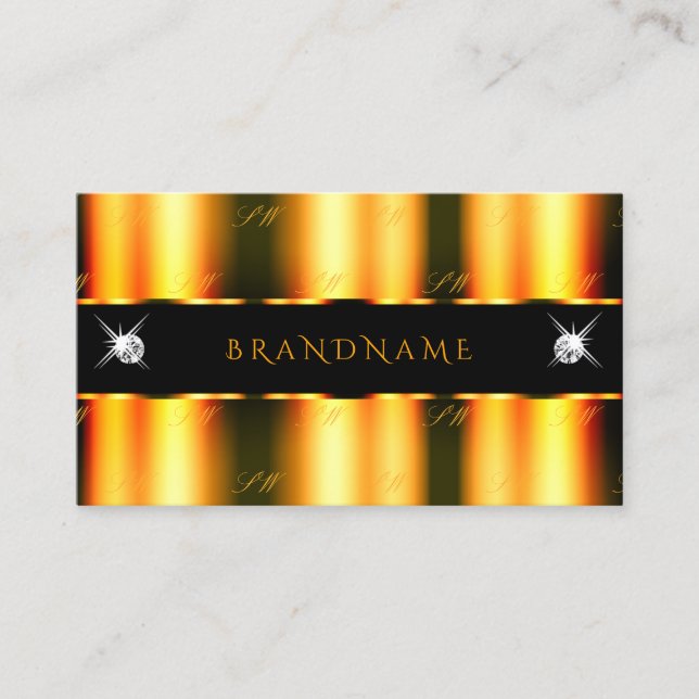 Luminous Orange Black Sparkling Diamonds Monogram Business Card (Front)